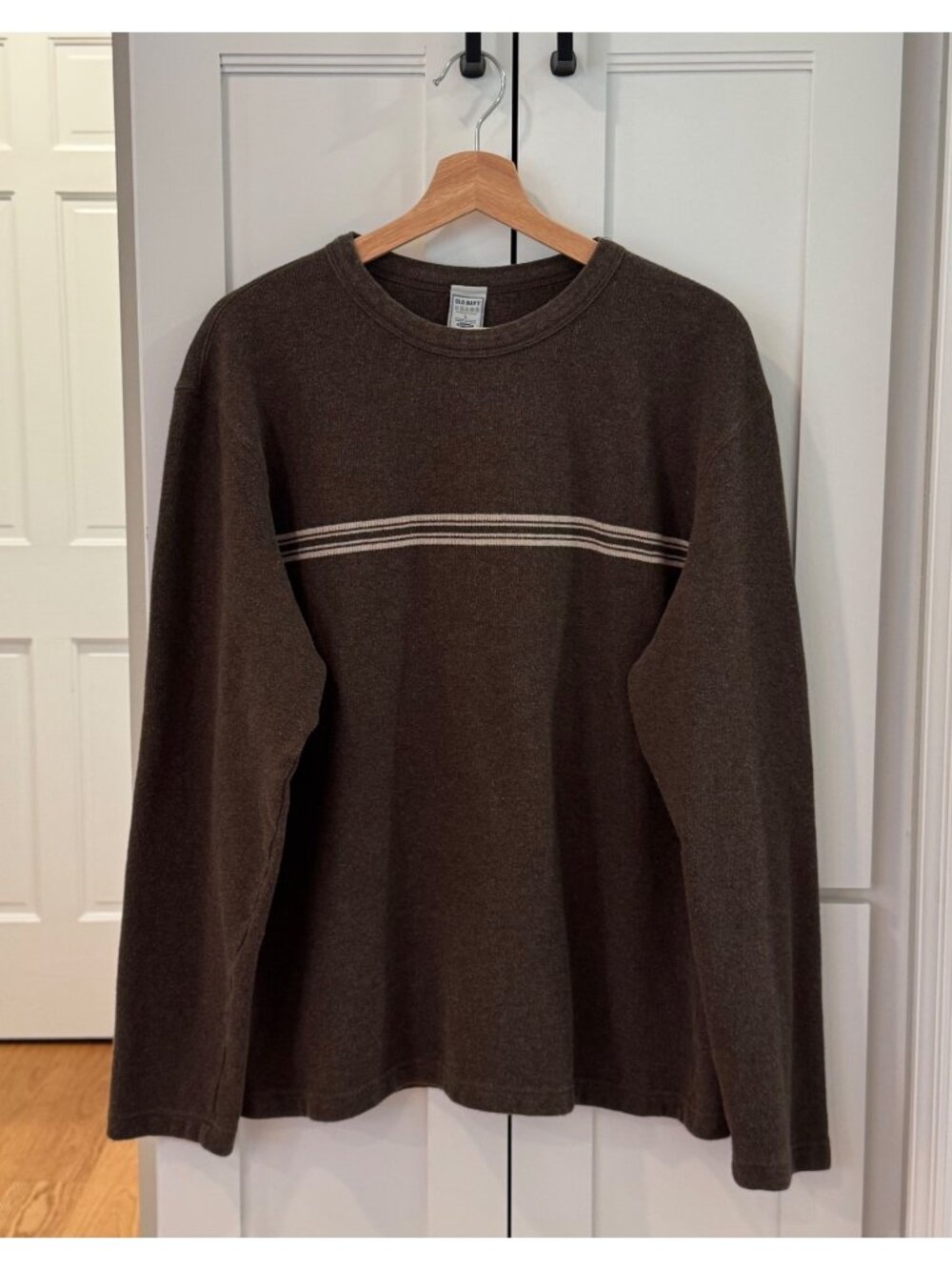 Vintage Y2K Old Navy Mens Size Large Brown Long Sleeve Sweater 100% Cotton Strip